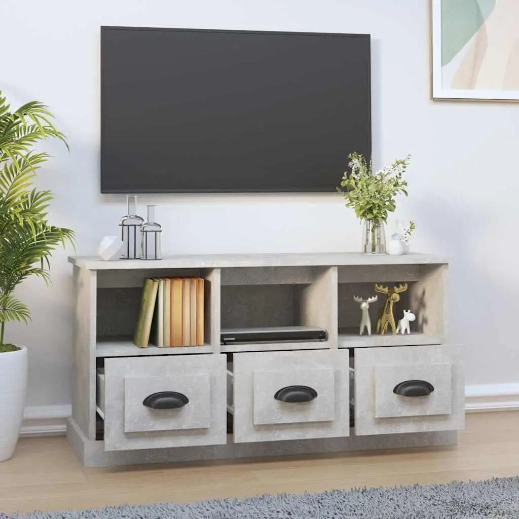 TV Cabinet Grey Engineered Wood 100x35x50cm Storage Unit 3 Drawers Open Shelves