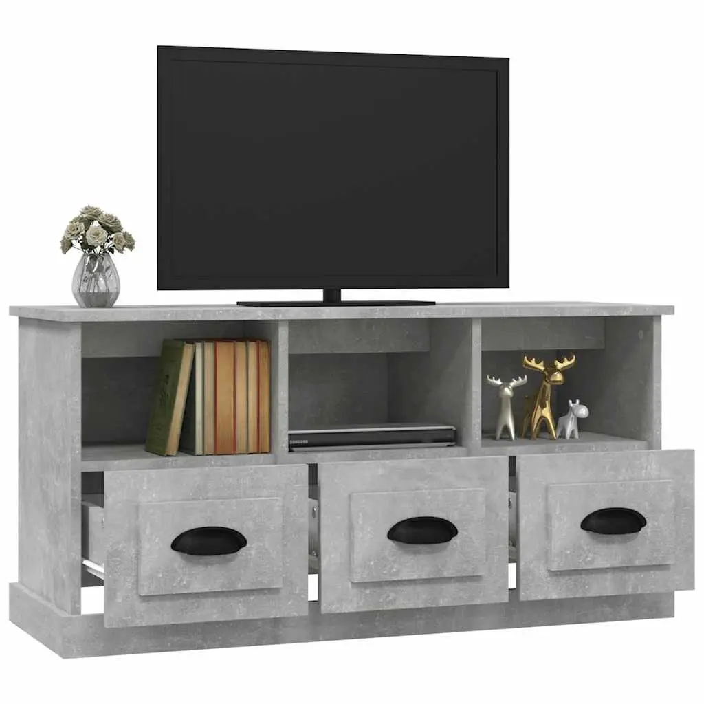 TV Cabinet Grey Engineered Wood 100x35x50cm Storage Unit 3 Drawers Open Shelves