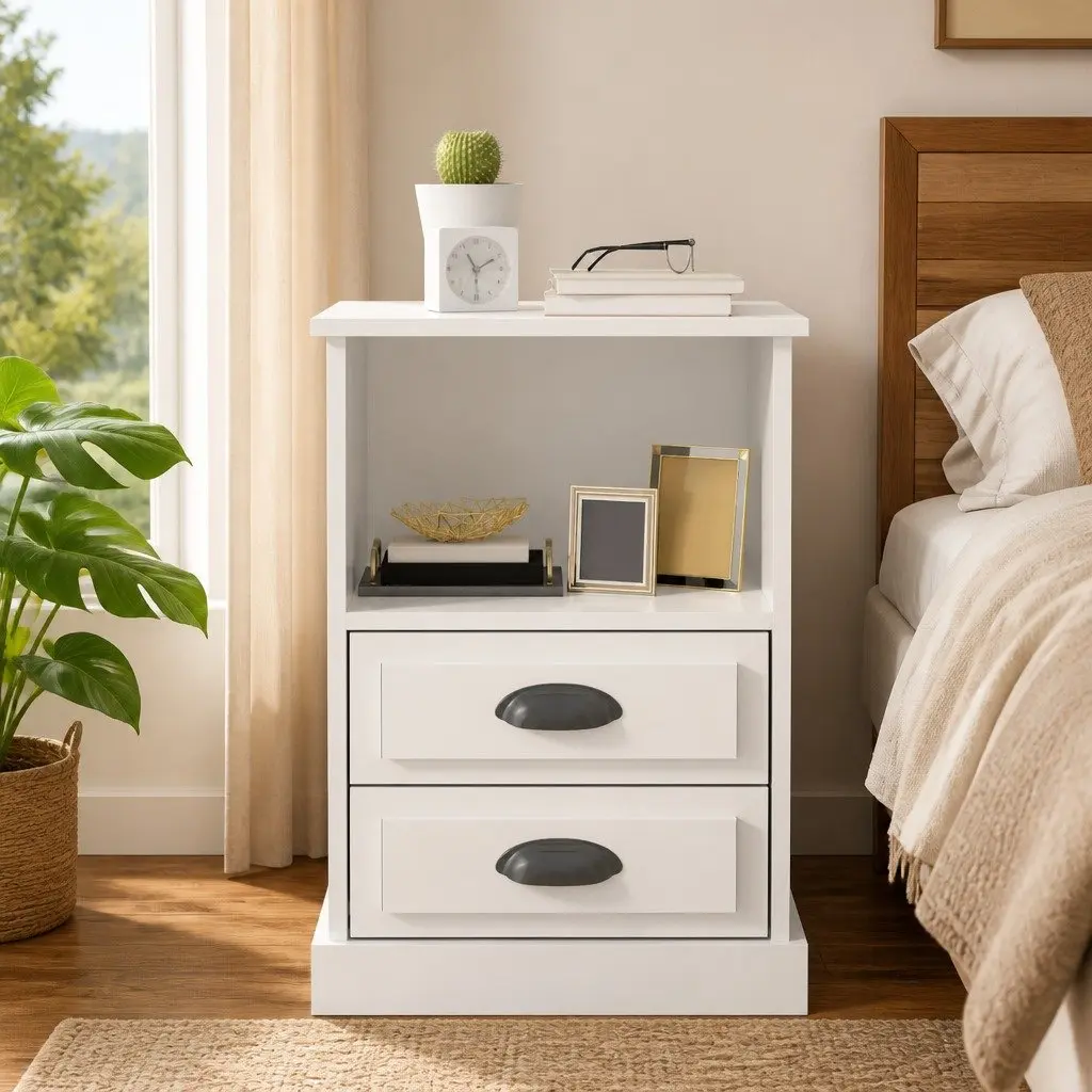 Bedside Cabinet White High Gloss 2 Drawers Open Shelf 43 x 36 x 60 cm