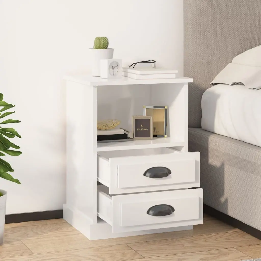 Bedside Cabinet White High Gloss 2 Drawers Open Shelf 43 x 36 x 60 cm