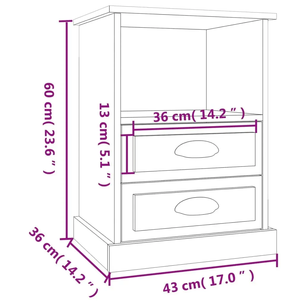 Bedside Cabinet White High Gloss 2 Drawers Open Shelf 43 x 36 x 60 cm