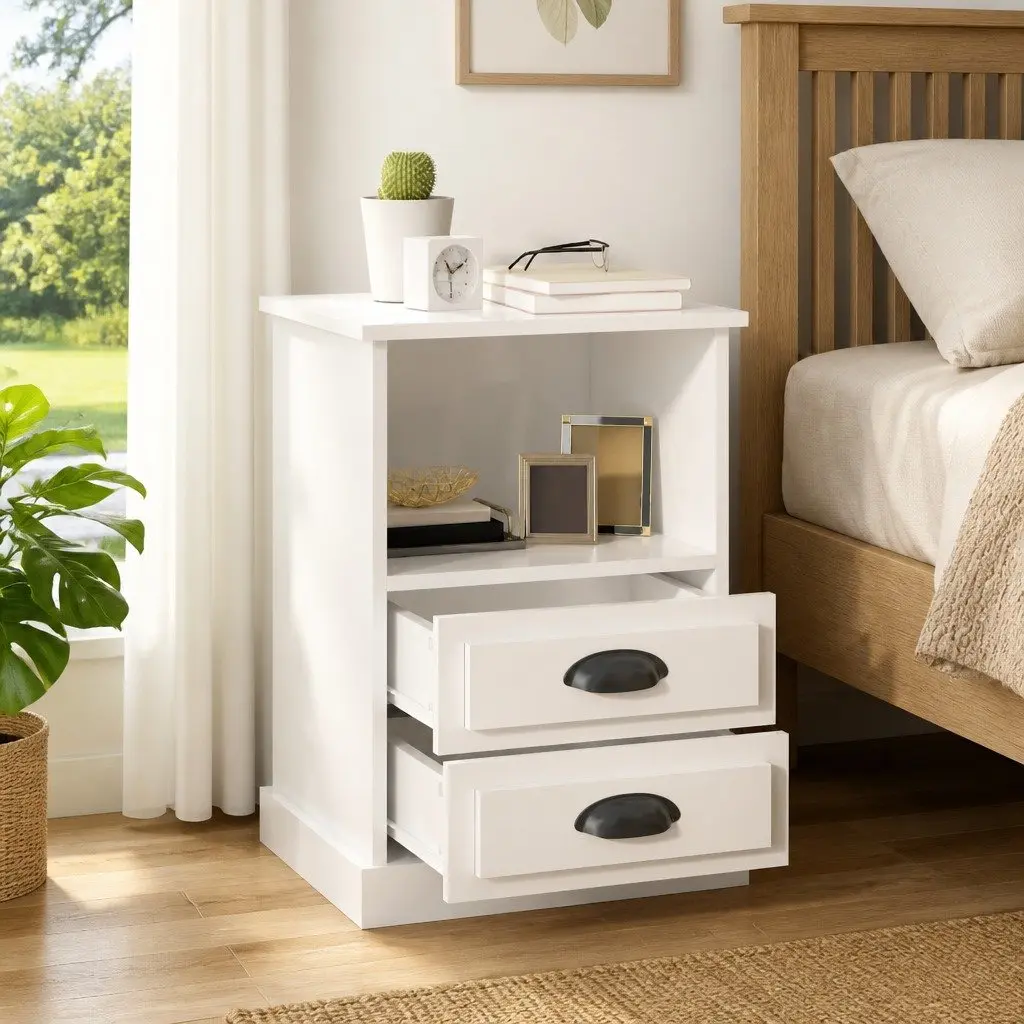 White High Gloss Bedside Cabinets 2 Piece Storage Drawers Nightstands