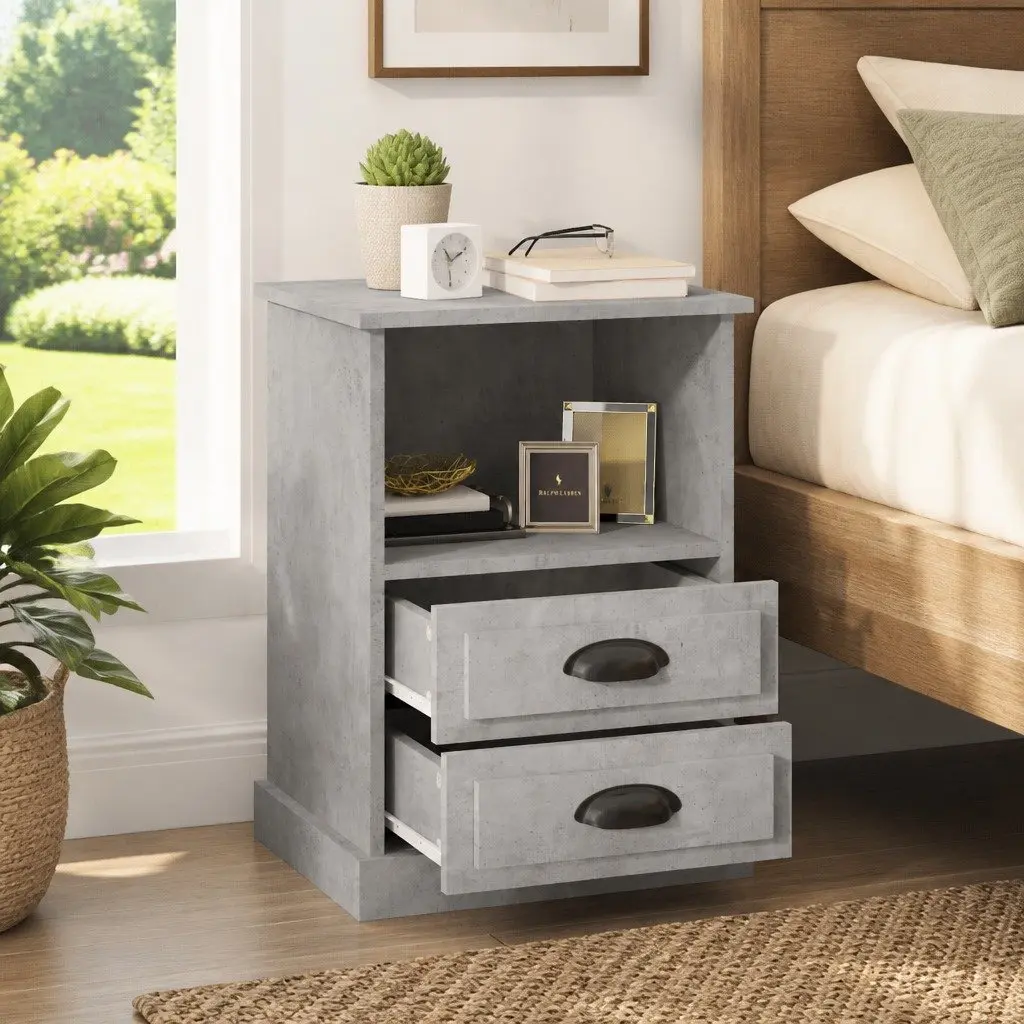 Grey Bedside Cabinet Engineered Wood 43x36x60cm Nightstand with 2 Drawers and Open Compartment