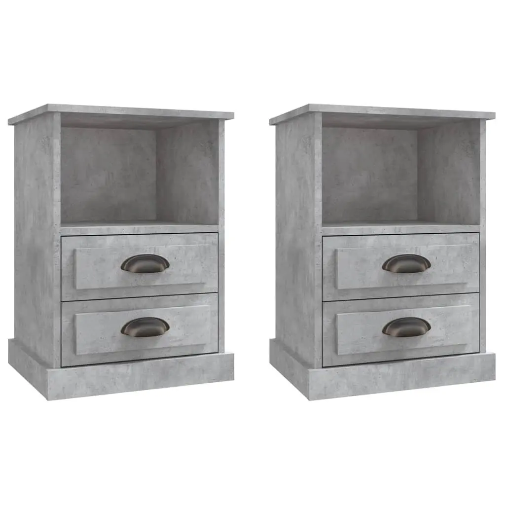 Grey Bedside Cabinet Engineered Wood 43x36x60cm Nightstand with 2 Drawers and Open Compartment