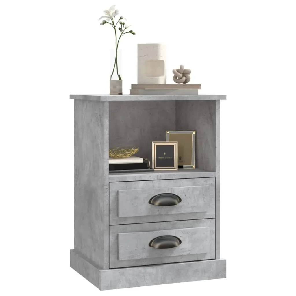 Grey Bedside Cabinet Engineered Wood 43x36x60cm Nightstand with 2 Drawers and Open Compartment