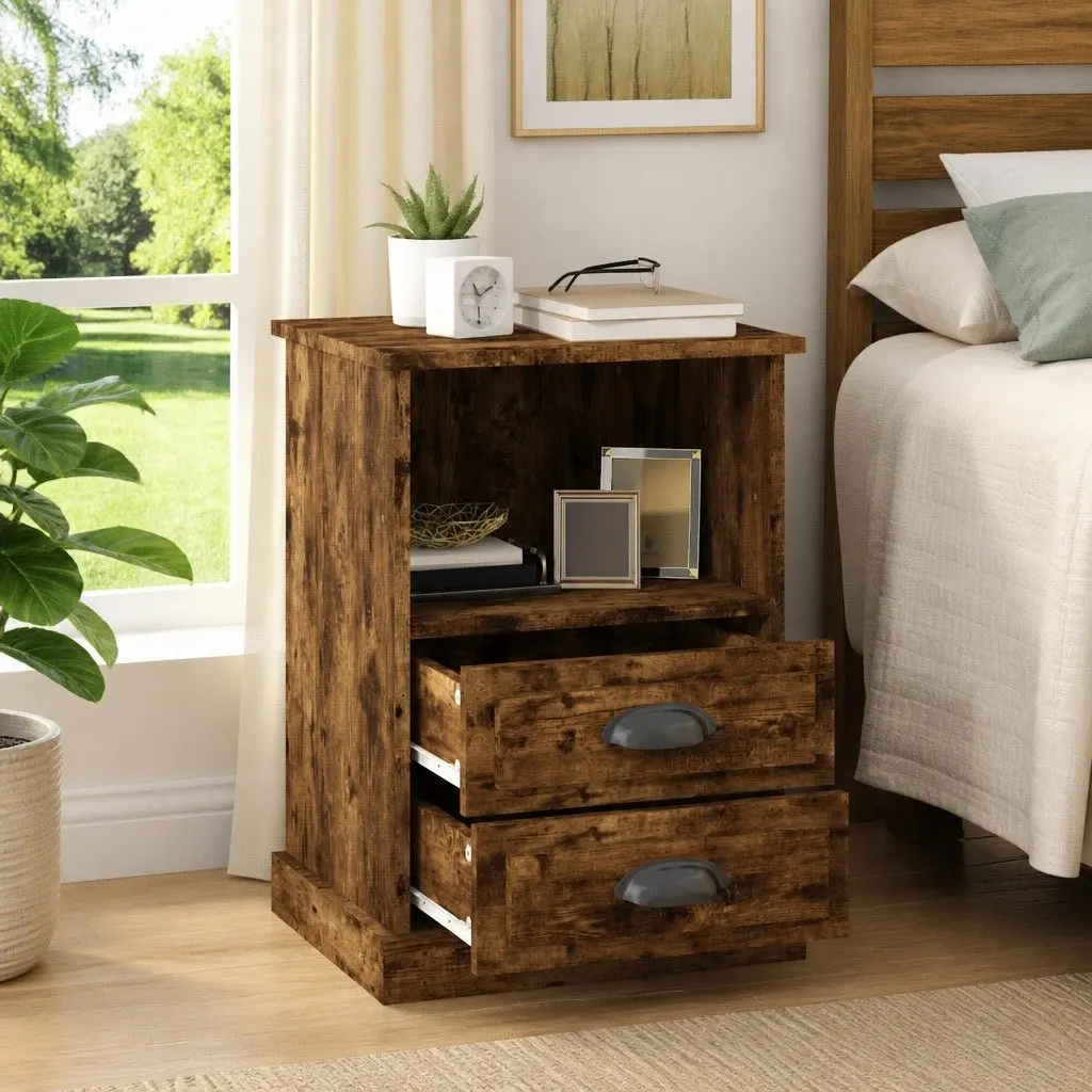 Bedside Cabinets Brown 43x36x60 cm 2 Drawers Open Compartment Storage