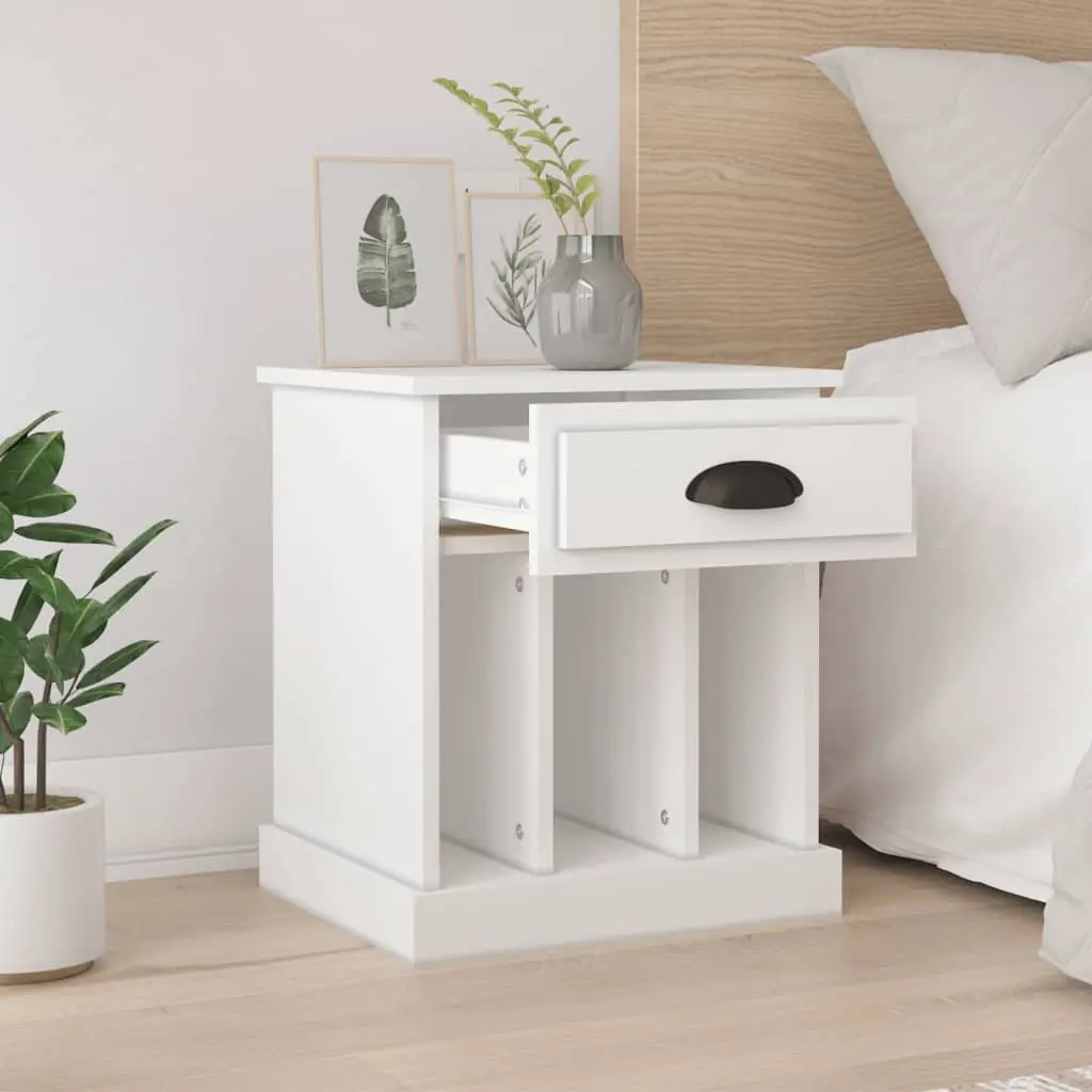 Bedside Cabinet White Engineered Wood 2 Piece Storage Drawer and Compartments