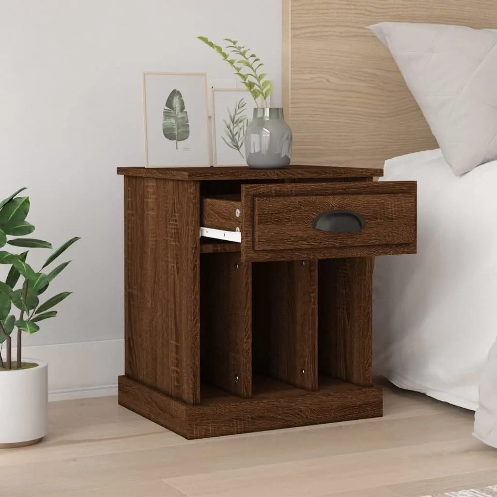 Bedside Cabinet Brown Oak Engineered Wood 43x36x50cm Nightstand with Drawer and 3 Storage Compartments