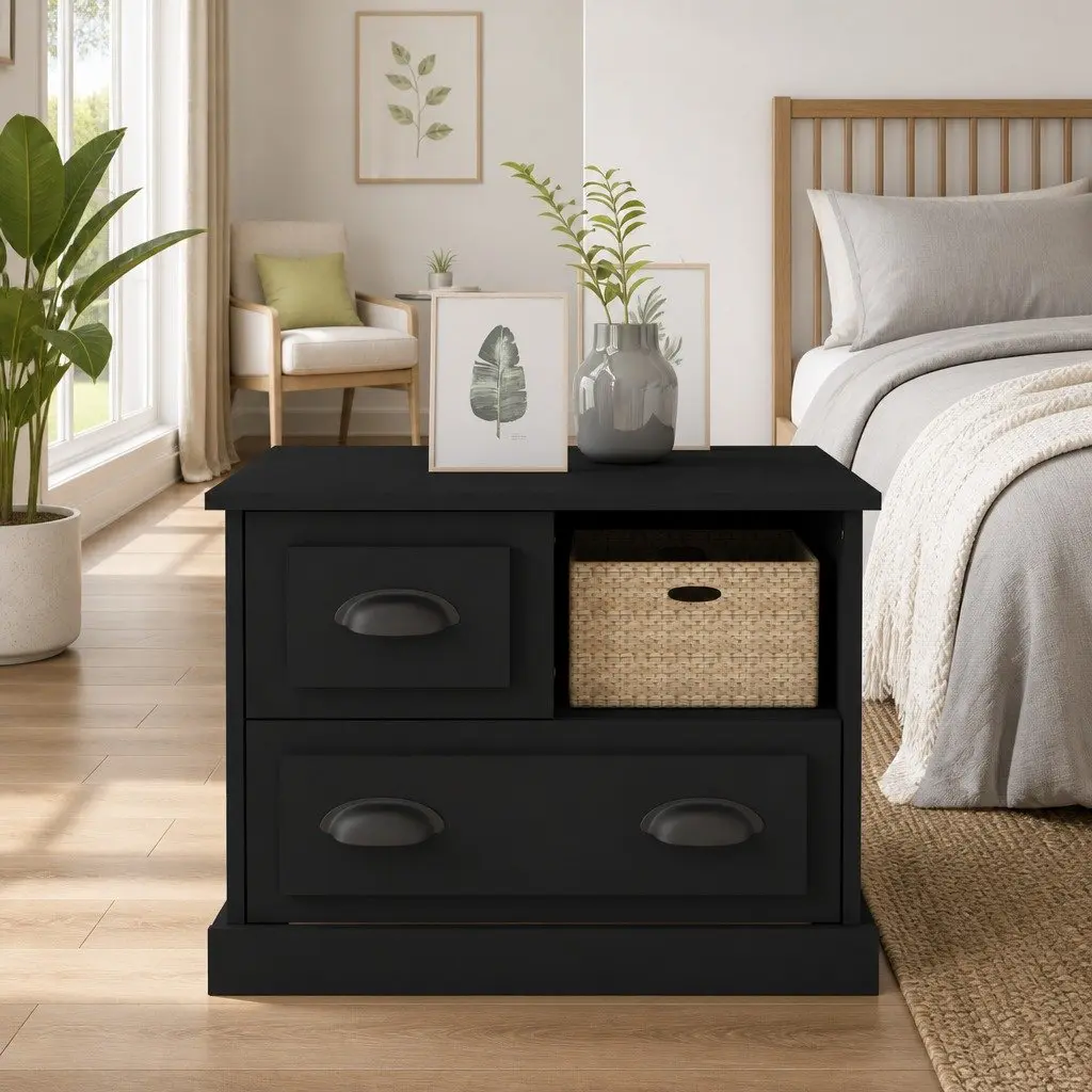 Bedside Cabinet Black Engineered Wood Nightstand 60x39x45 cm