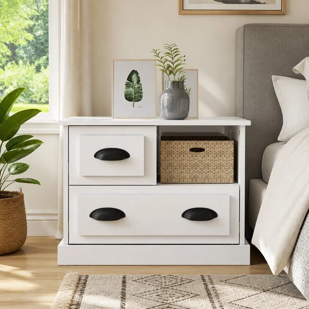 Bedside Cabinet White High Gloss Modern Bedroom Side Table with Drawers Storage