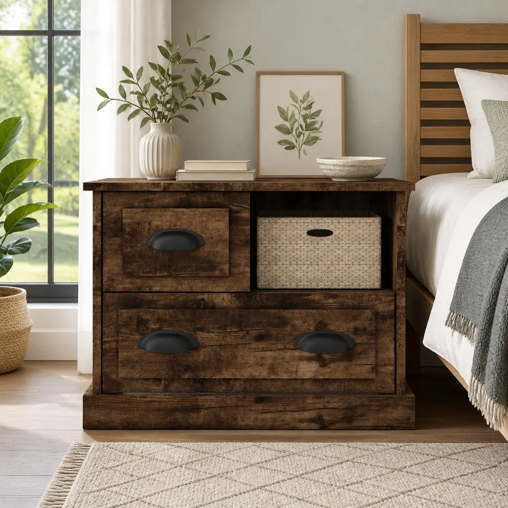 Bedside Table Brown Engineered Wood Storage Cabinet with 2 Drawers 60 x 39 x 45 cm
