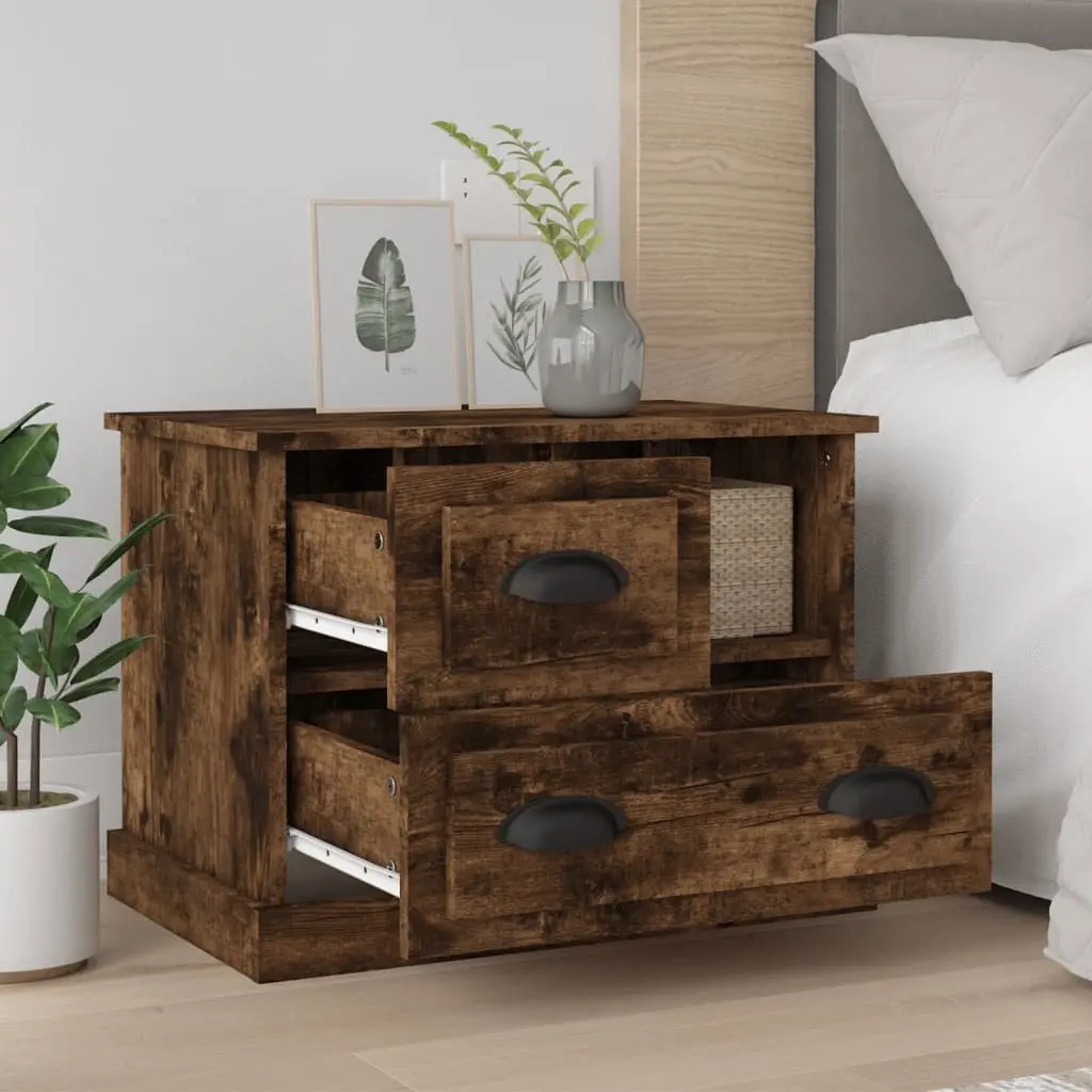Bedside Table Brown Engineered Wood Storage Cabinet with 2 Drawers 60 x 39 x 45 cm