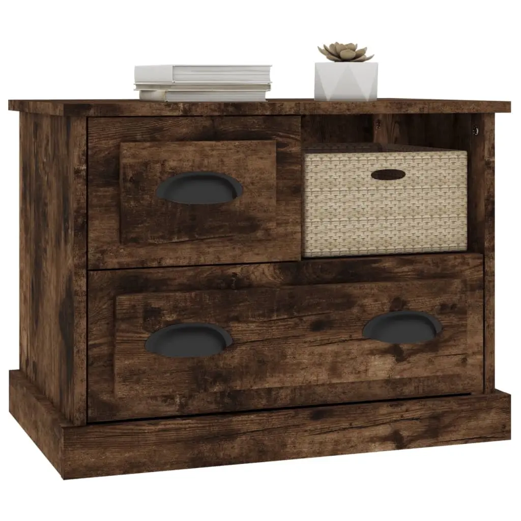 Bedside Table Brown Engineered Wood Storage Cabinet with 2 Drawers 60 x 39 x 45 cm