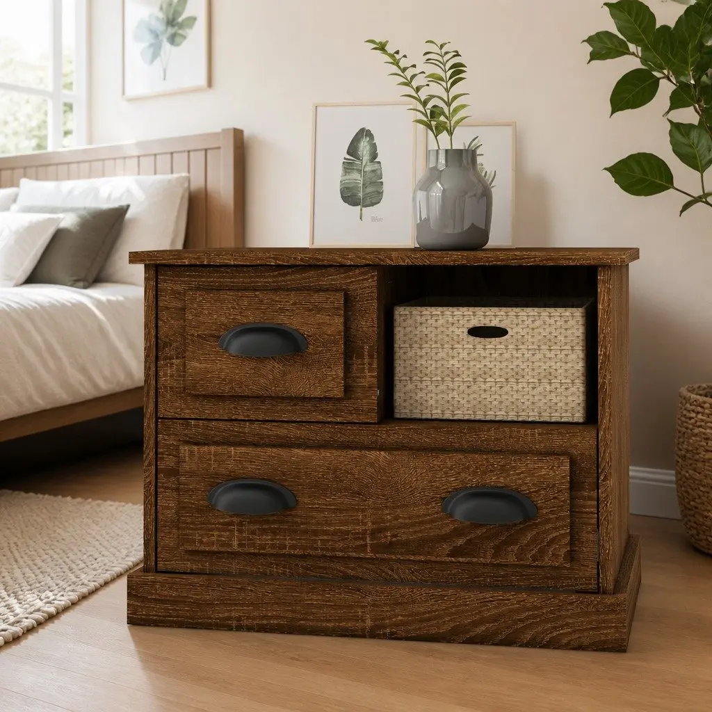 Bedside Table Engineered Wood Brown Oak 60x39x45 cm with 1 Compartment and 2 Drawers for Bedroom Storage