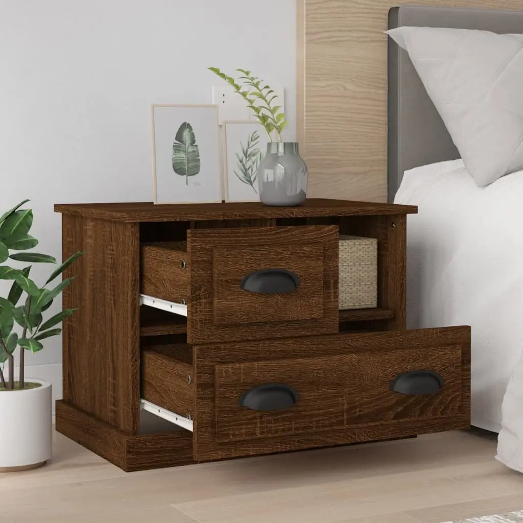 Bedside Table Engineered Wood Brown Oak 60x39x45 cm with 1 Compartment and 2 Drawers for Bedroom Storage