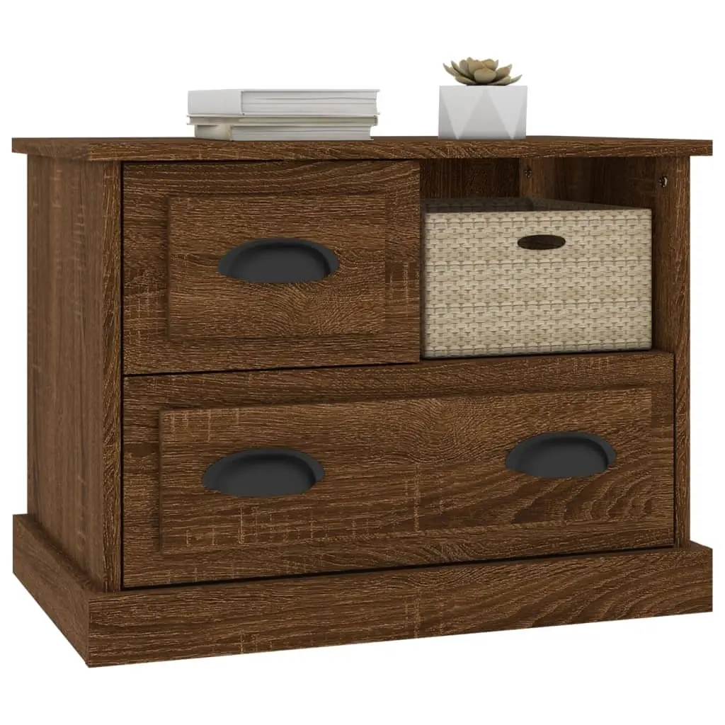 Bedside Table Engineered Wood Brown Oak 60x39x45 cm with 1 Compartment and 2 Drawers for Bedroom Storage