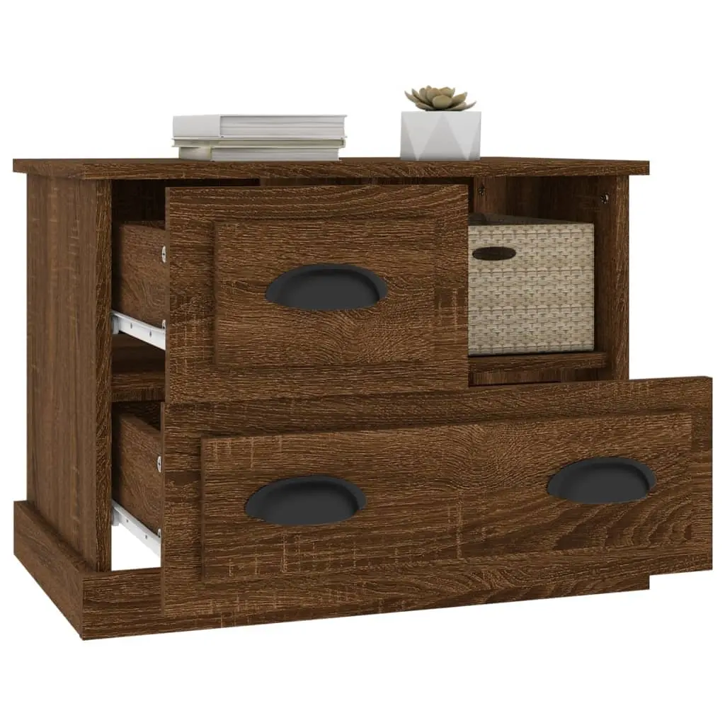 Bedside Table Engineered Wood Brown Oak 60x39x45 cm with 1 Compartment and 2 Drawers for Bedroom Storage