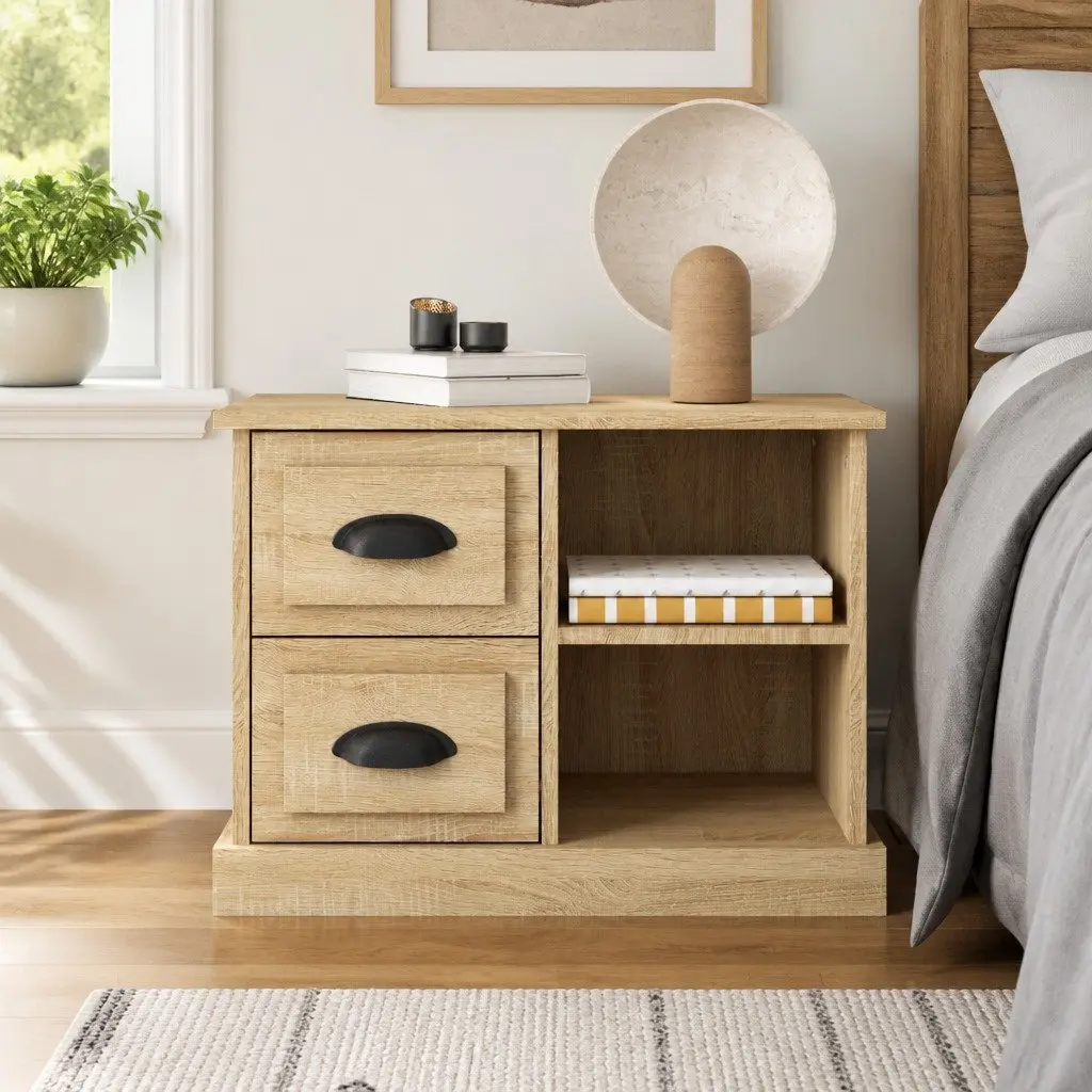Bedside Cabinet Brown with 2 Drawers and 2 Compartments Engineered Wood Table
