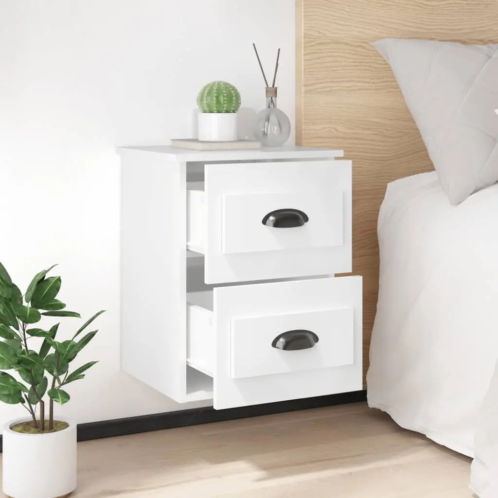 Wall-mounted Bedside Cabinet White Floating Bedside Table 2 Drawer Storage Unit