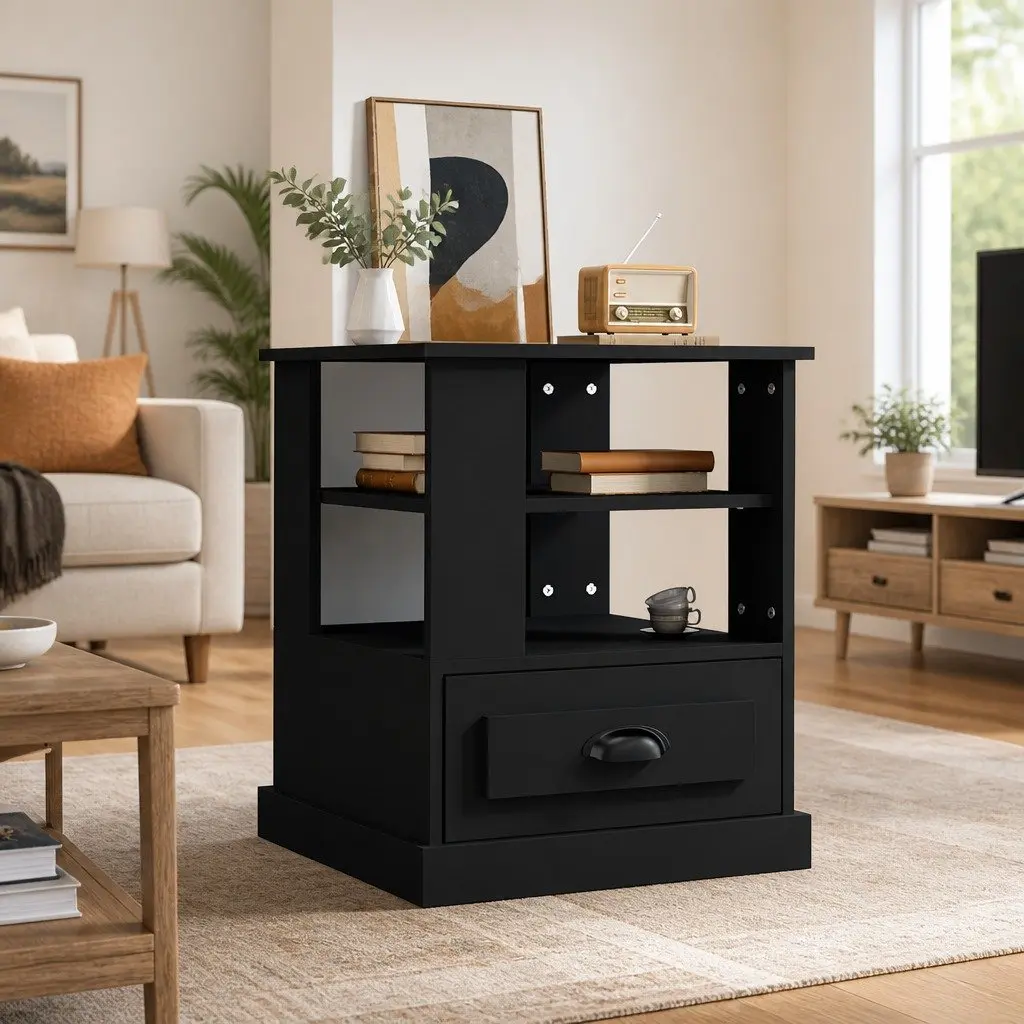 Side Table Black Engineered Wood End Table Storage Accent Furniture Home Decor