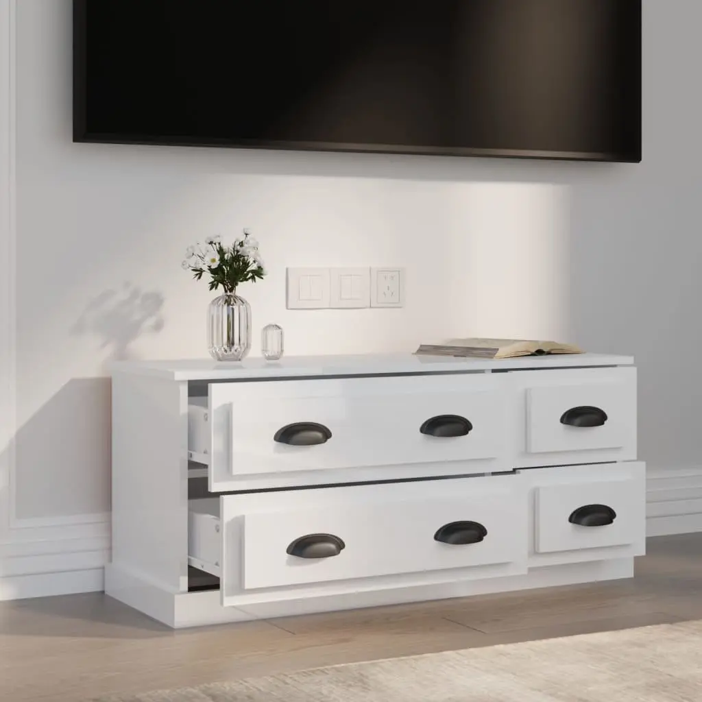 TV Cabinet White 100x35.5x45 cm High Gloss Engineered Wood 4 Drawers Storage