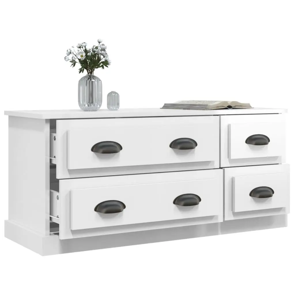 TV Cabinet White 100x35.5x45 cm High Gloss Engineered Wood 4 Drawers Storage