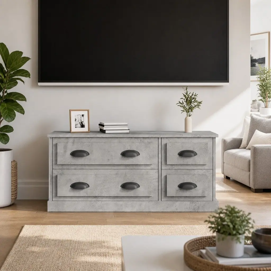 TV Cabinet Grey Engineered Wood Storage Unit 4 Drawers 100 x 35.5 x 45 cm