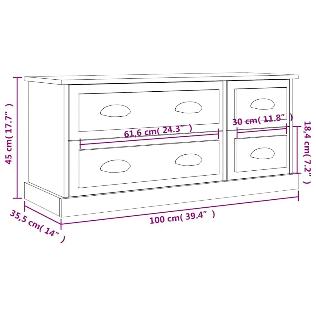 TV Cabinet Grey Engineered Wood Storage Unit 4 Drawers 100 x 35.5 x 45 cm