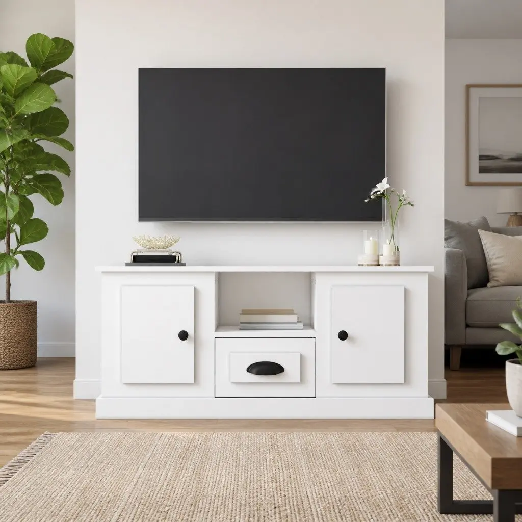 TV Cabinet High Gloss White Engineered Wood Modern Living Room 100 x 35.5 x 45 cm