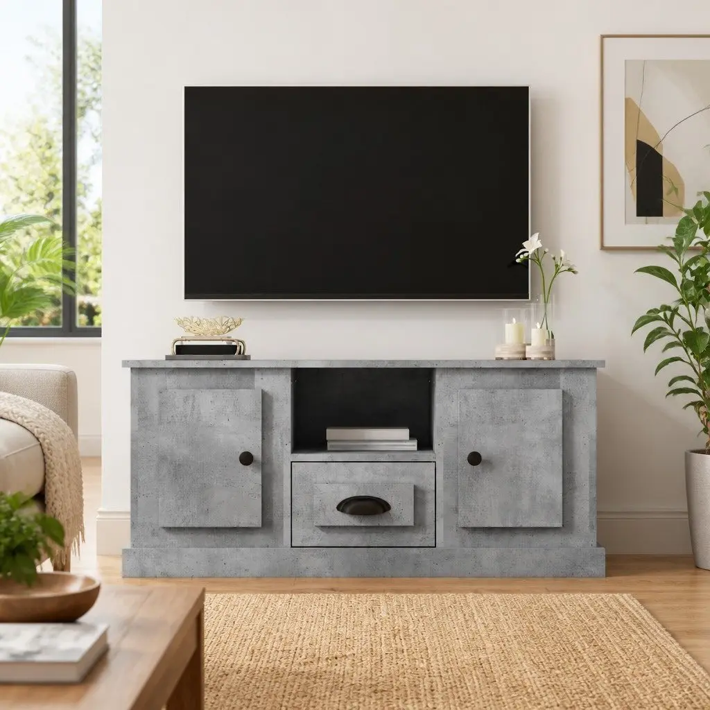 TV Cabinet Grey Engineered Wood Storage Unit with Shelves 100L x 35.5W x 45H cm