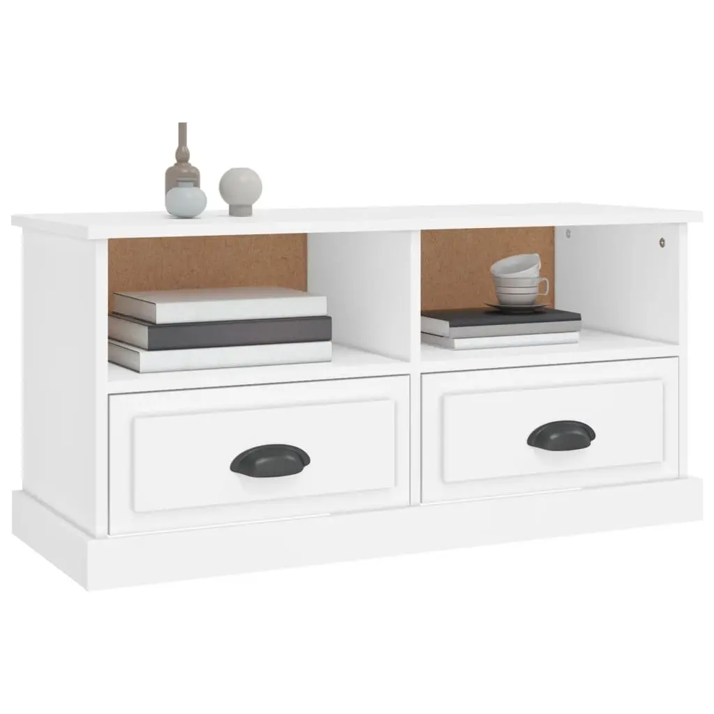 TV Cabinet White Engineered Wood Storage Unit with 2 Drawers and 2 Open Compartments 93 x 35.5 x 45 cm