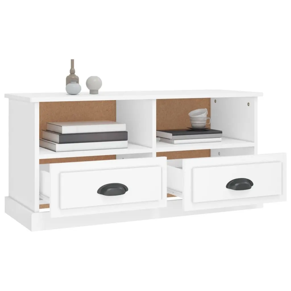 TV Cabinet White Engineered Wood Storage Unit with 2 Drawers and 2 Open Compartments 93 x 35.5 x 45 cm
