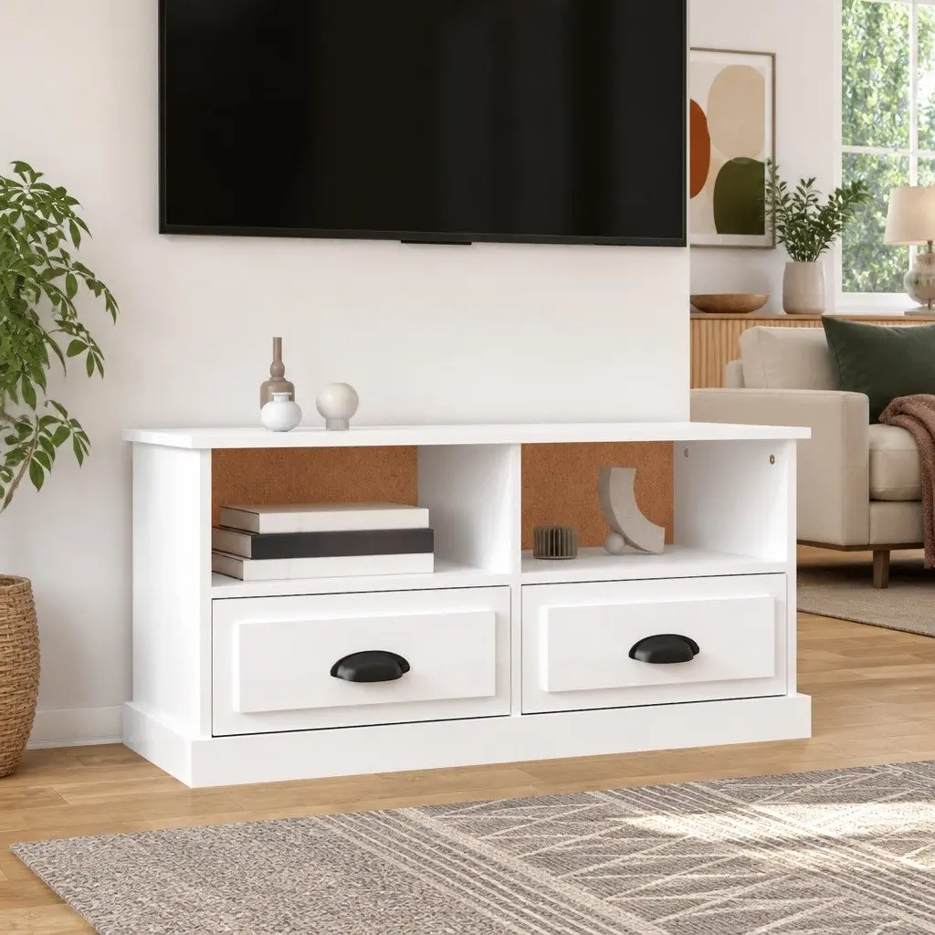 TV Cabinet White High Gloss Engineered Wood Storage Unit 93 x 35.5 x 45 cm