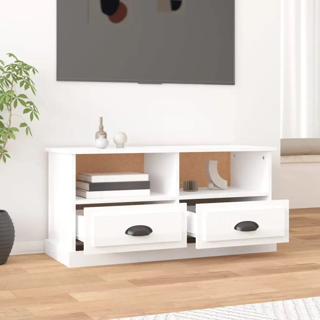 TV Cabinet White High Gloss Engineered Wood Storage Unit 93 x 35.5 x 45 cm