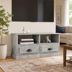 TV Cabinet Grey Engineered Wood Storage Unit with Drawers Open Compartments