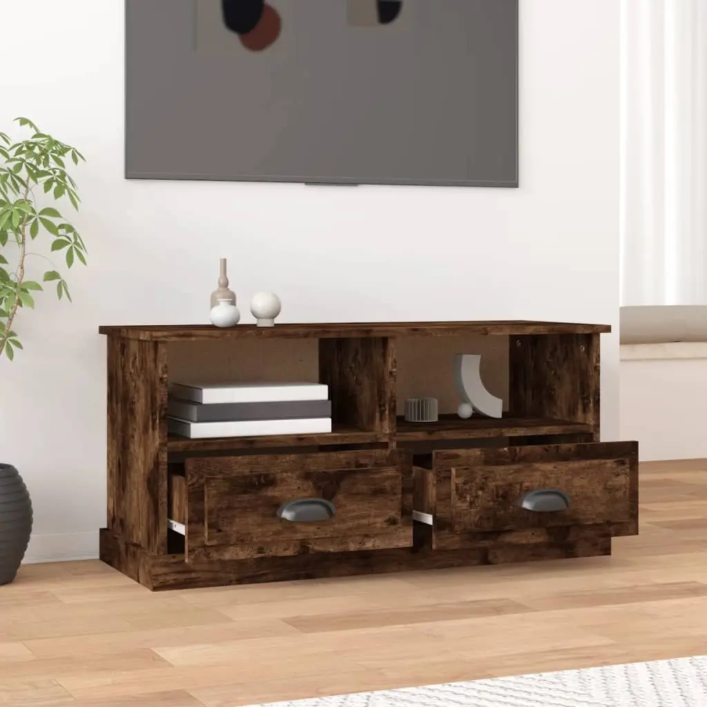 TV Cabinet Brown Engineered Wood Storage Unit 2 Drawers Open Compartments