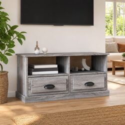 TV Cabinet Grey Sonoma Wood Storage Unit with Drawers Open Compartments Display