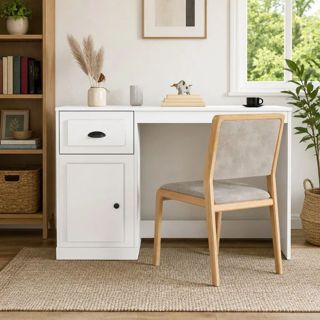 White Desk with Drawer Storage Compartment Study Office Workspace 115x50x75cm