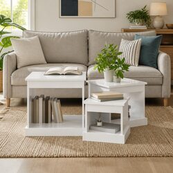 Coffee Table Set 3 Piece High Gloss White Engineered Wood Nesting Living Room