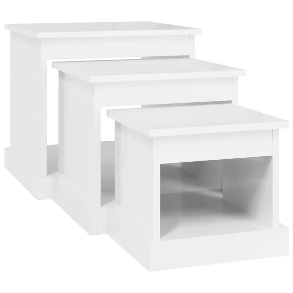 Coffee Table Set 3 Piece High Gloss White Engineered Wood Nesting Living Room