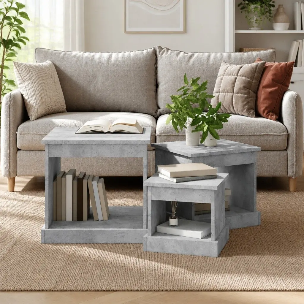 Coffee Table Set Grey Engineered Wood 3 Piece Nesting Tables