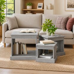 Coffee Table Set 3 Piece Grey Sonoma Engineered Wood Nesting Side Tables