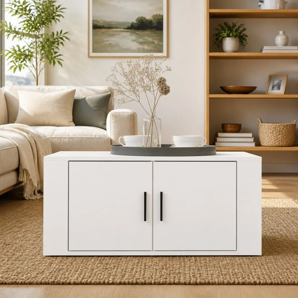 Coffee Table White 80x50x36cm with Storage Compartments Door Living Room