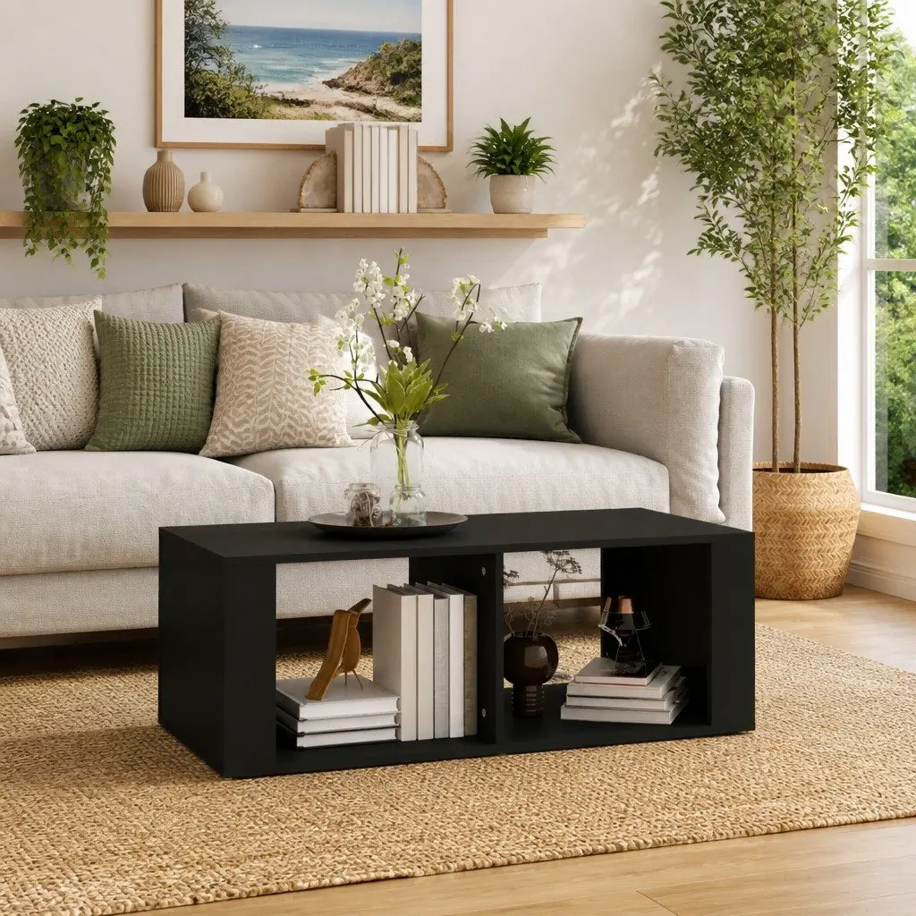 Coffee Table Black Modern Storage 2 Shelves 100 x 50 x 36 cm Living Room Accent Sofa Side Table