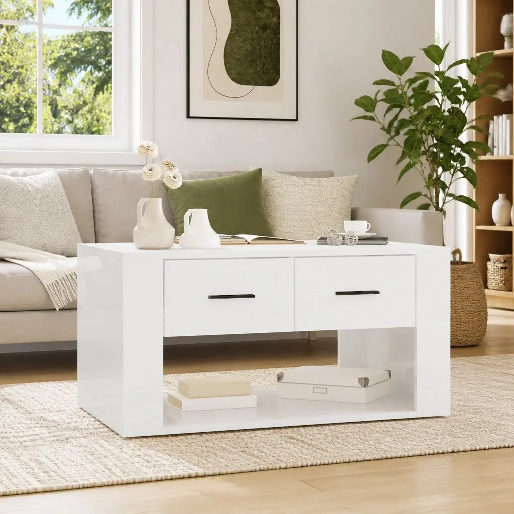 White Gloss Coffee Table with Storage Drawers 80x50x40cm for Living Room