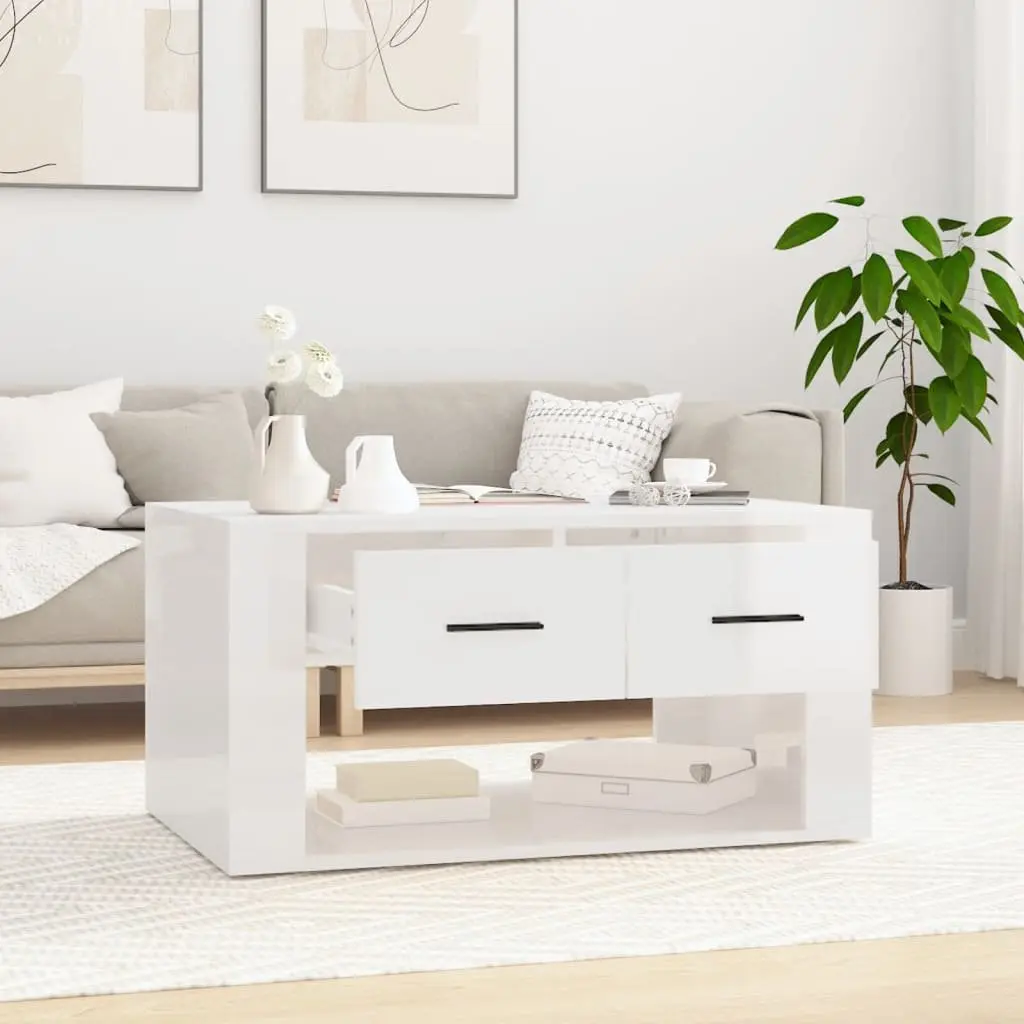 White Gloss Coffee Table with Storage Drawers 80x50x40cm for Living Room