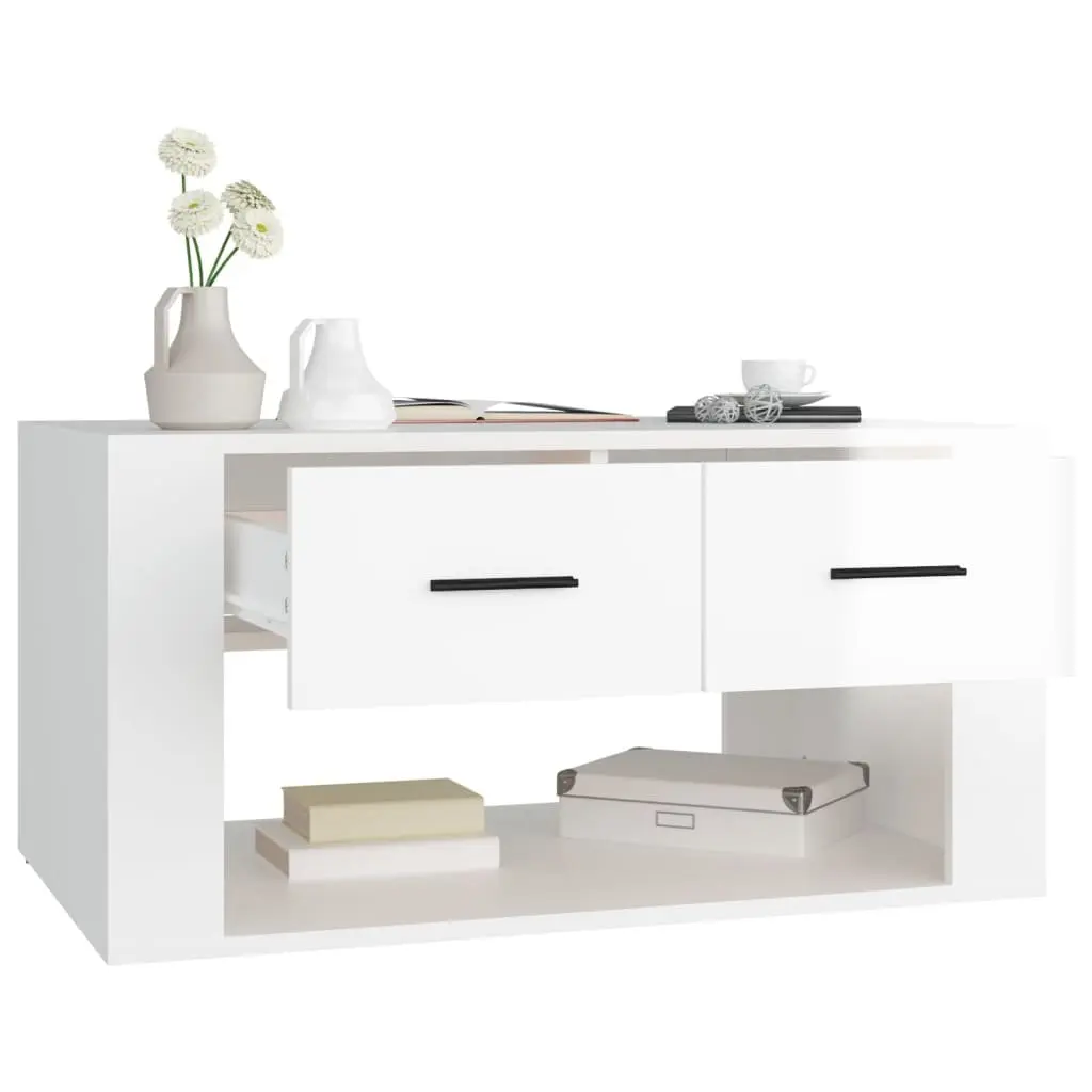 White Gloss Coffee Table with Storage Drawers 80x50x40cm for Living Room