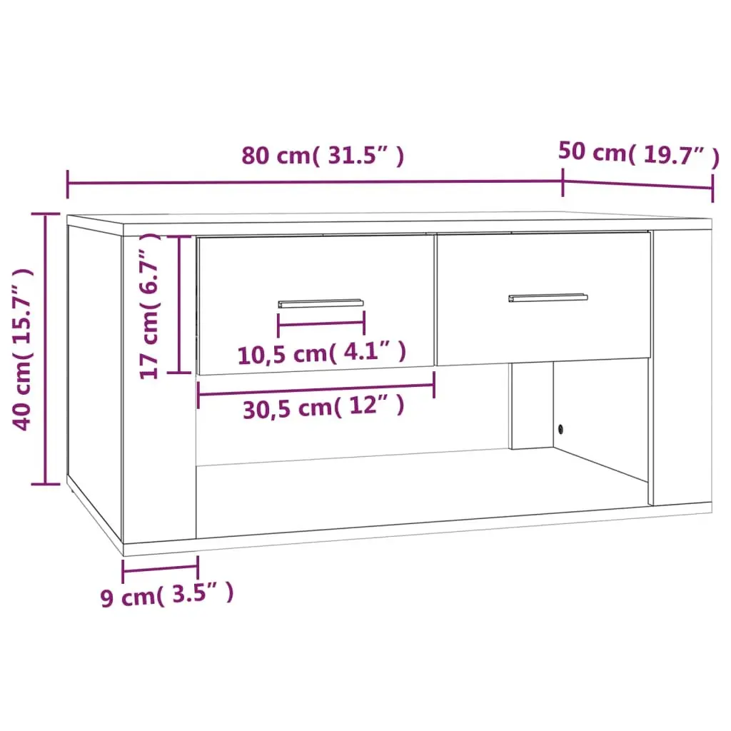 White Gloss Coffee Table with Storage Drawers 80x50x40cm for Living Room