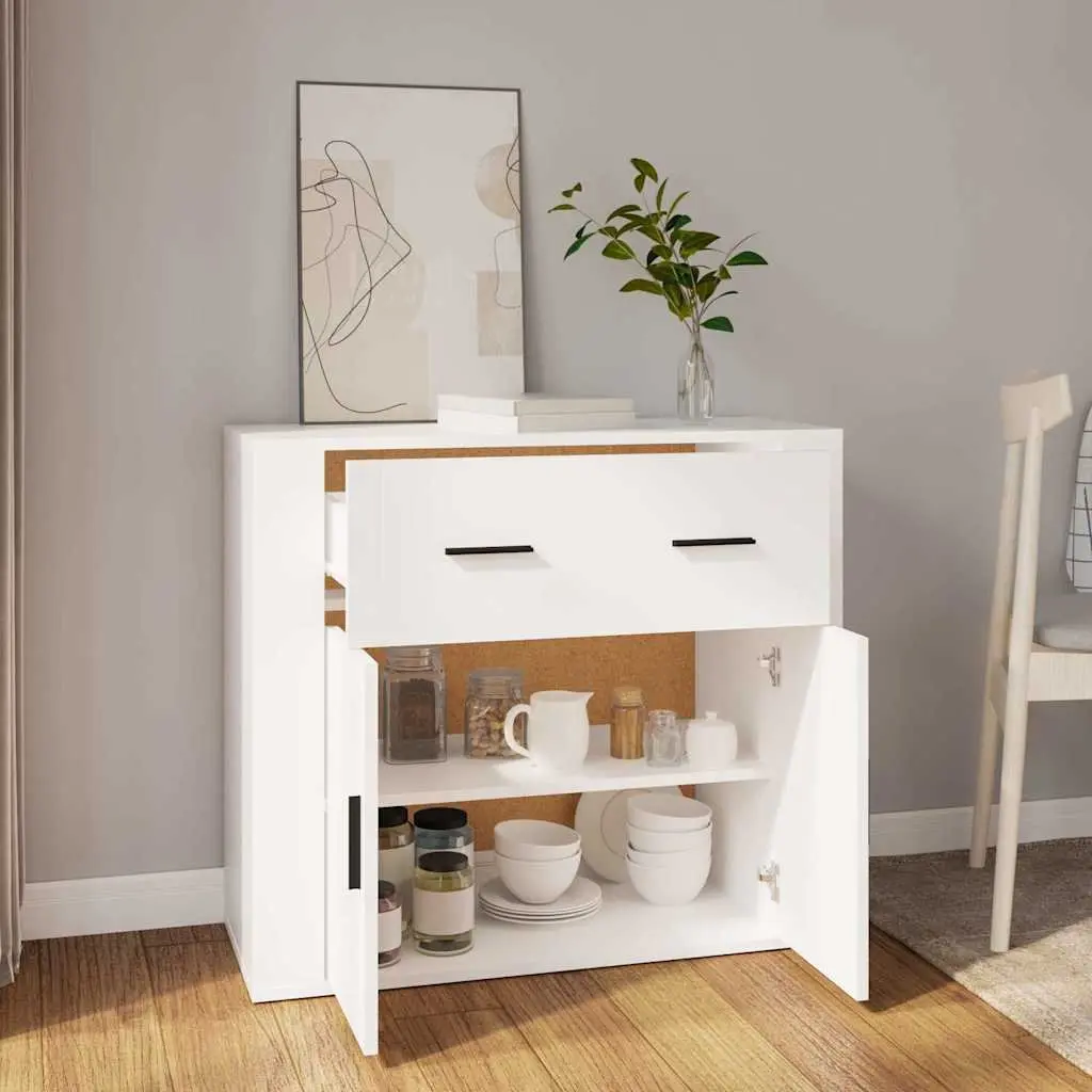 Sideboard White Engineered Wood 80x33x70 cm Storage Cabinet with Doors Drawers Compartments