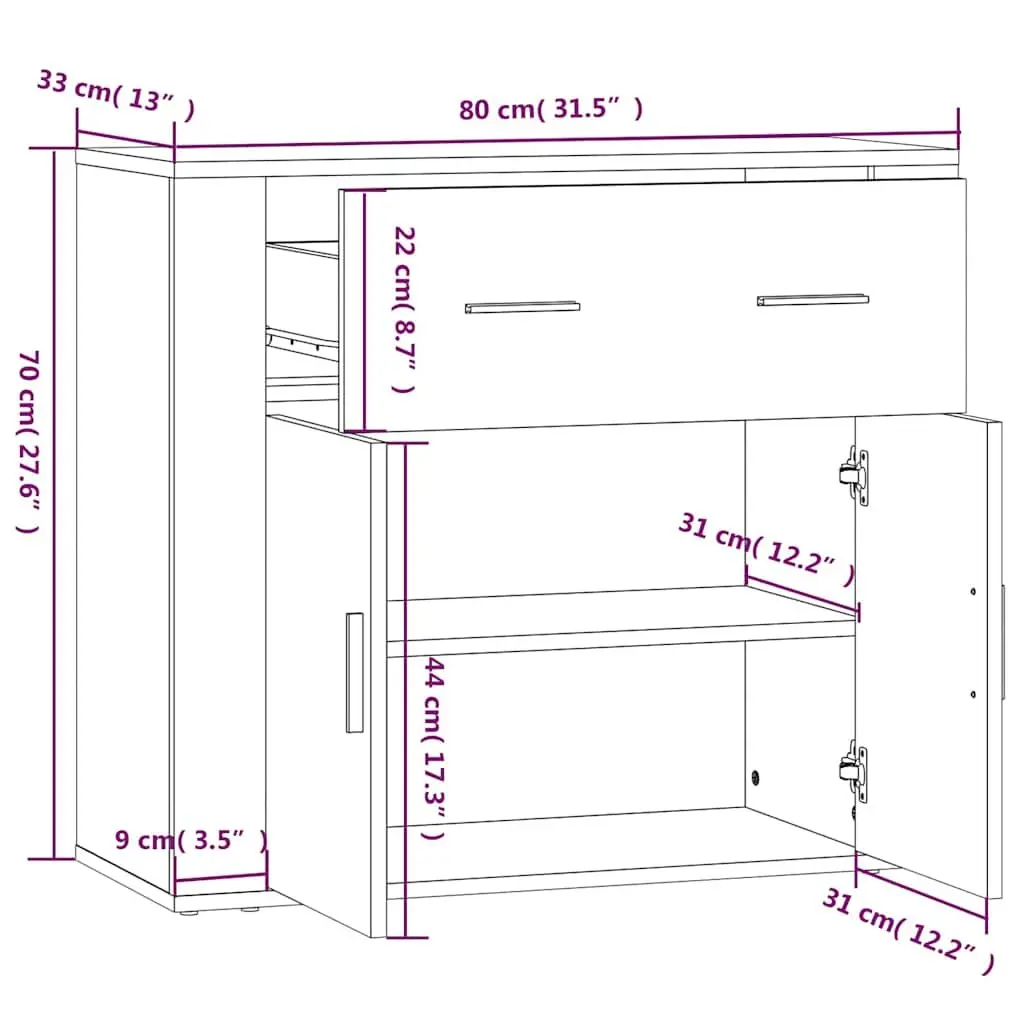 Sideboard Brown Engineered Wood Storage Cabinet with Doors Drawers Compartments 80 x 33 x 70 cm